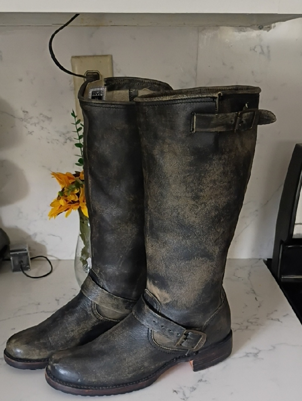 Frye Veronica Distressed Black and Gray Leather Boot Interior Label Detail